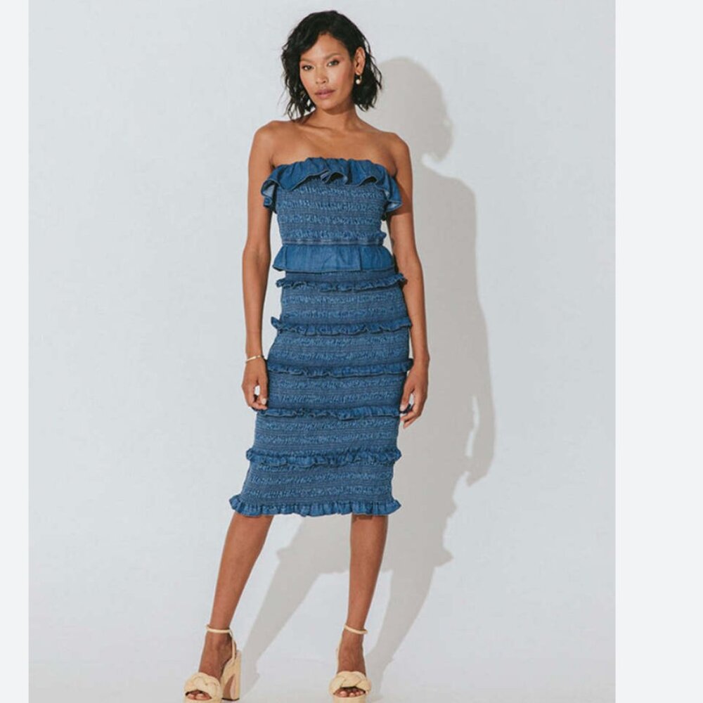 Cleobella Strapless Ruffled Blue Dress